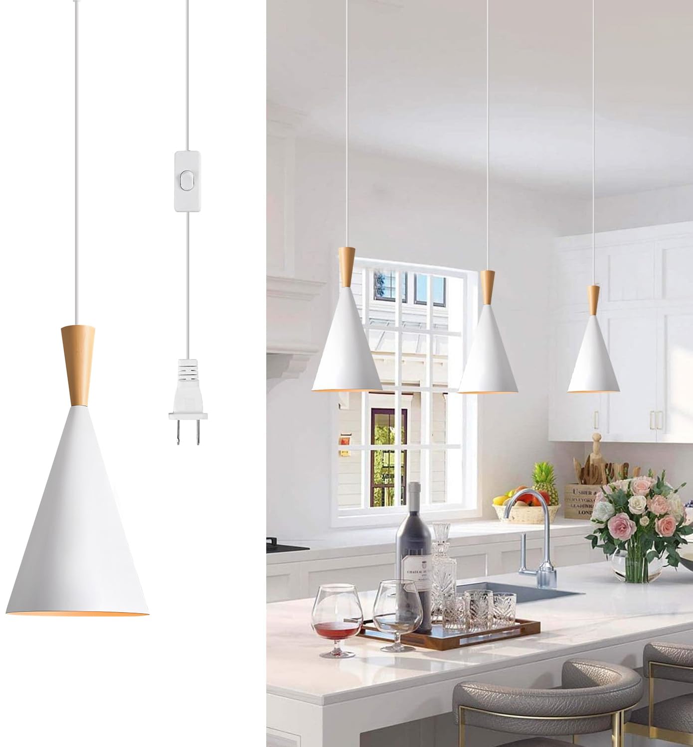 BOKT Modern White Plug in Pendant Light Mini Single Cone Plug in Hanging Lamp Industrial Kitchen Island Bar Pendant Light Fixture Farmhouse Ceiling