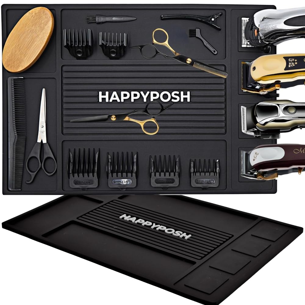 HAPPYPOSH Magnetic Barber Mat - Professional Salon Mat for Barbershop Station, Clipper Mat with Counter Tool Organizer