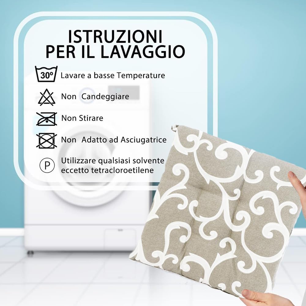 VIRSUS Set 6 Cuscini per Sedie a 4 Punti 40x40 cm, Coprisedia da Cucina con Lacci, Imbottitura Poliestere e Rivestimento Cotone, Made in Italy Beige Fantasia