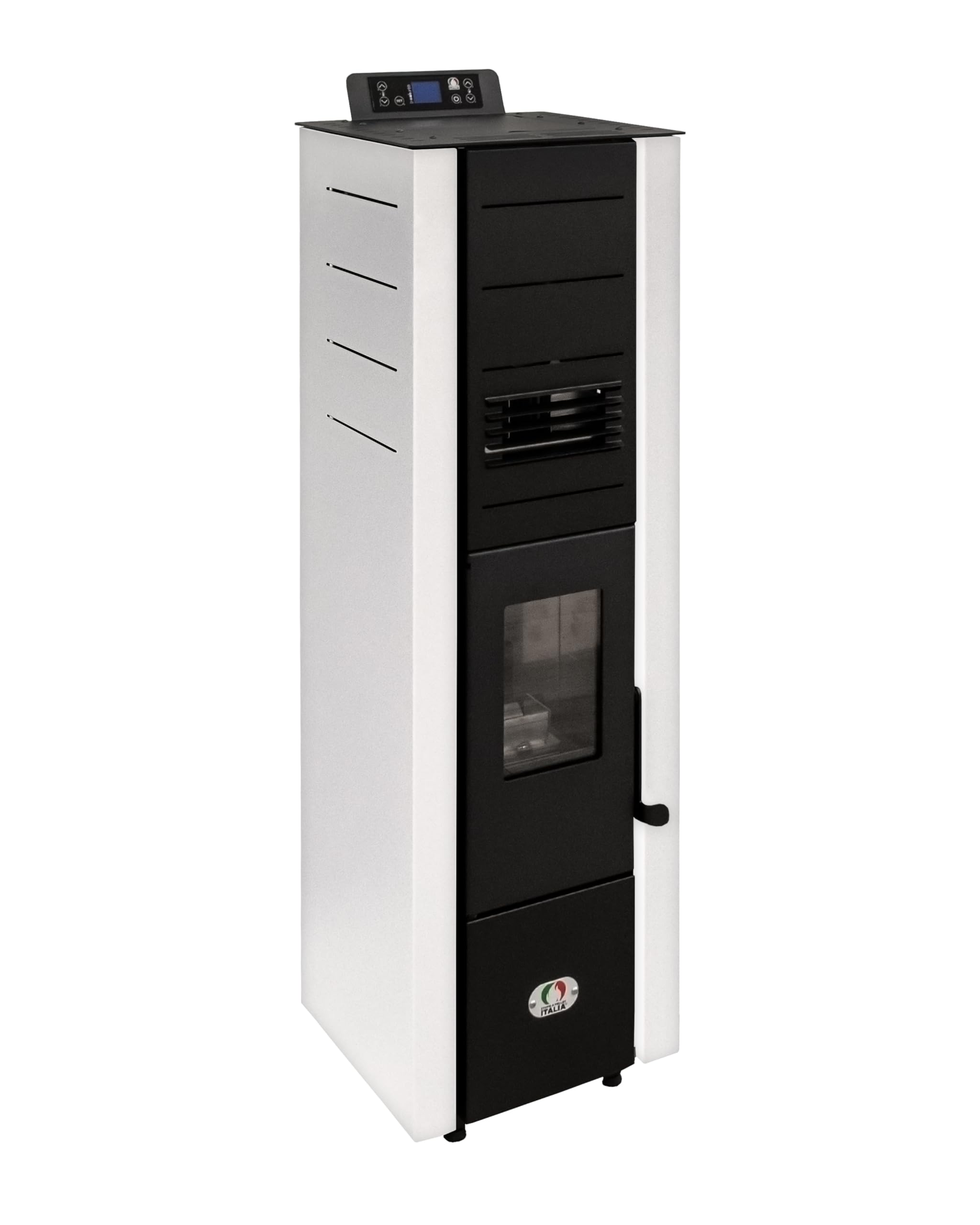 STUFE A PELLET ITALIA Colonna 10 Kw – Estufa de aire ventilado, eficiencia 85%, 80 m², diseño compacto, programable, 5 velocidades, 24 meses garantía, blanco