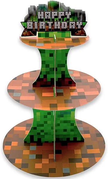 Green Pixel Block Cupcake Stand, 3-Tier Dessert Holder for Gamer Party Supplies Video Game Birthday Decorations, Adventure Craft Theme Treat Tower for Boys Girls Kids (Pixel Style)