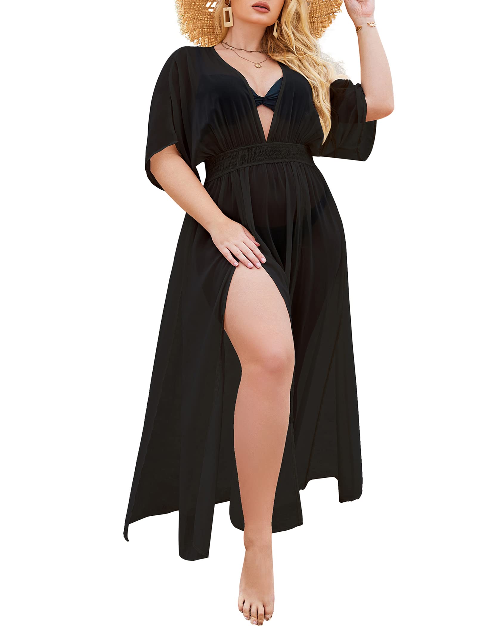IN'VOLAND Womens Plus Size Swimsuit Cover Up Deep V Neck Bathing Suit Swimwear Bikini Coverup Long Split Kaftan Kimono Dress