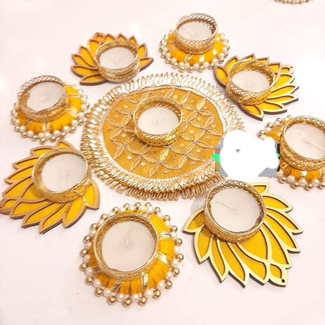 Home Diwali Decorative Rangoli & Lotus Diya Set of 9 | Handmade Tea Light Candle Designer Diyas - Deepak, Candles, Home Decoration Tea Light Wax for puja Festival Decor, Large, Yellow