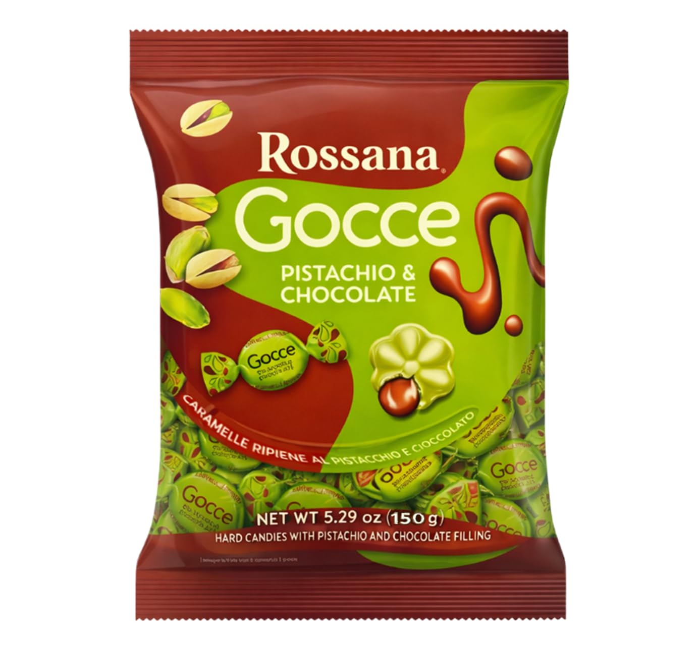 Rossana Gocce Pistachio e Chocolate Caramelle Ripiene al Pistacchio e Cioccolato 150g [BOX da 10 Confezioni]