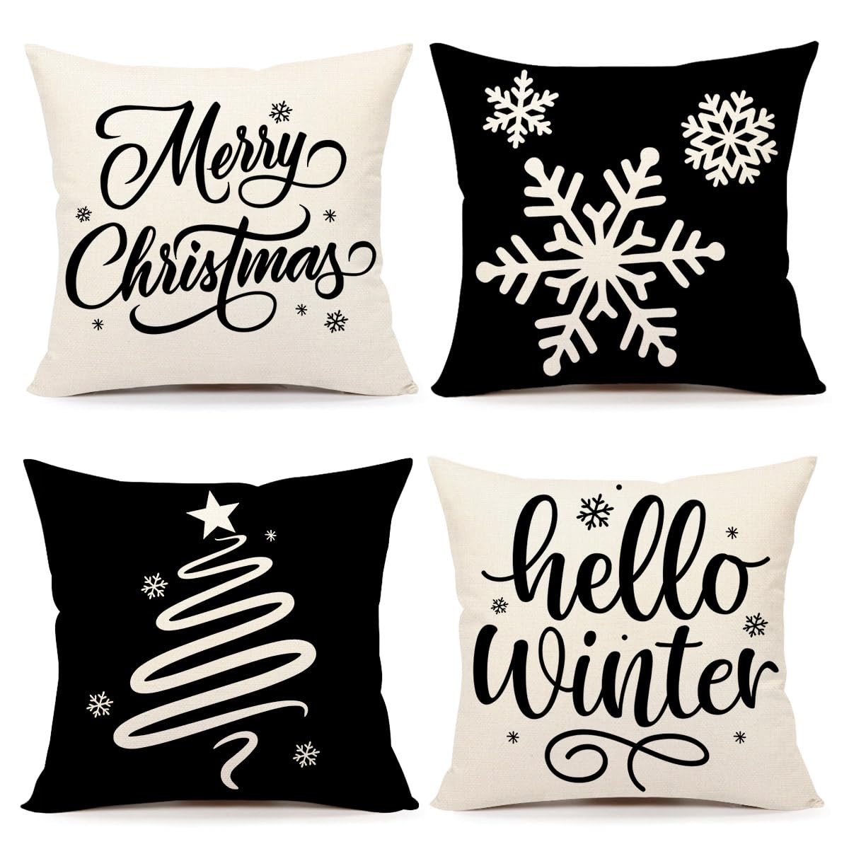Juego de 4 fundas de almohada de Navidad negras de 18 x 18 pulgadas, decoración de Navidad de granja, copos de nieve, hola invierno, decoración de vacaciones, funda de cojín para el sofá