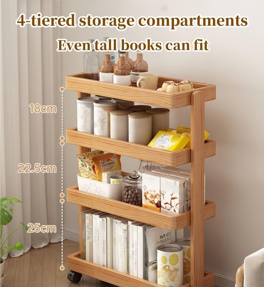 4-Tier Wood Rolling Cart Snack Book Trolley Floor-Standing Mobile Storage Rack for Home Bedroom Living Room Home Office Long Lasting