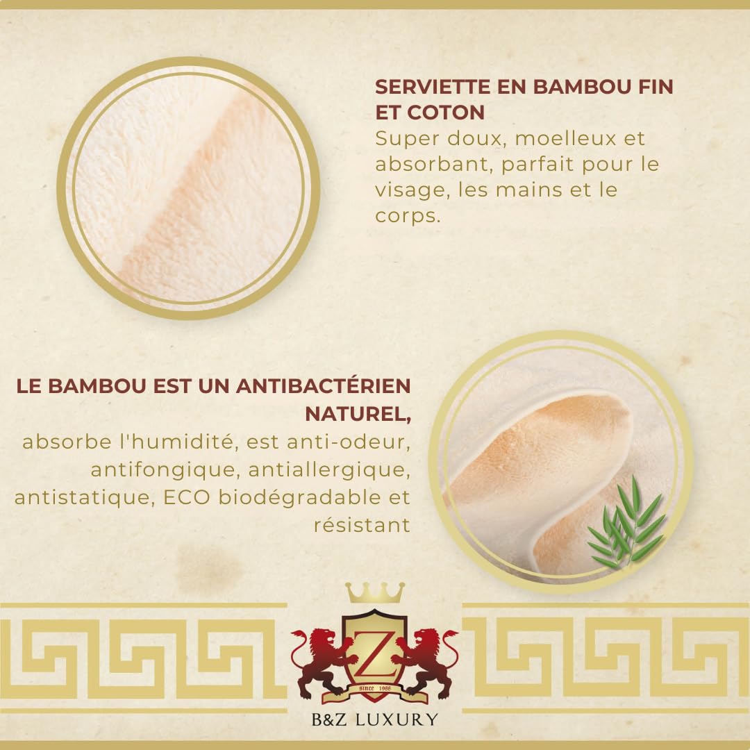BZ Luxury Lot Serviette Crème 8 pièces –2 Serviettes de Douche 2 Serviette pour Le Visage 4 Gants | Bambou & Coton–Douces absorbantes & durables –pour Salle de Bain invités Spa |Certifiées Oeko-TEX