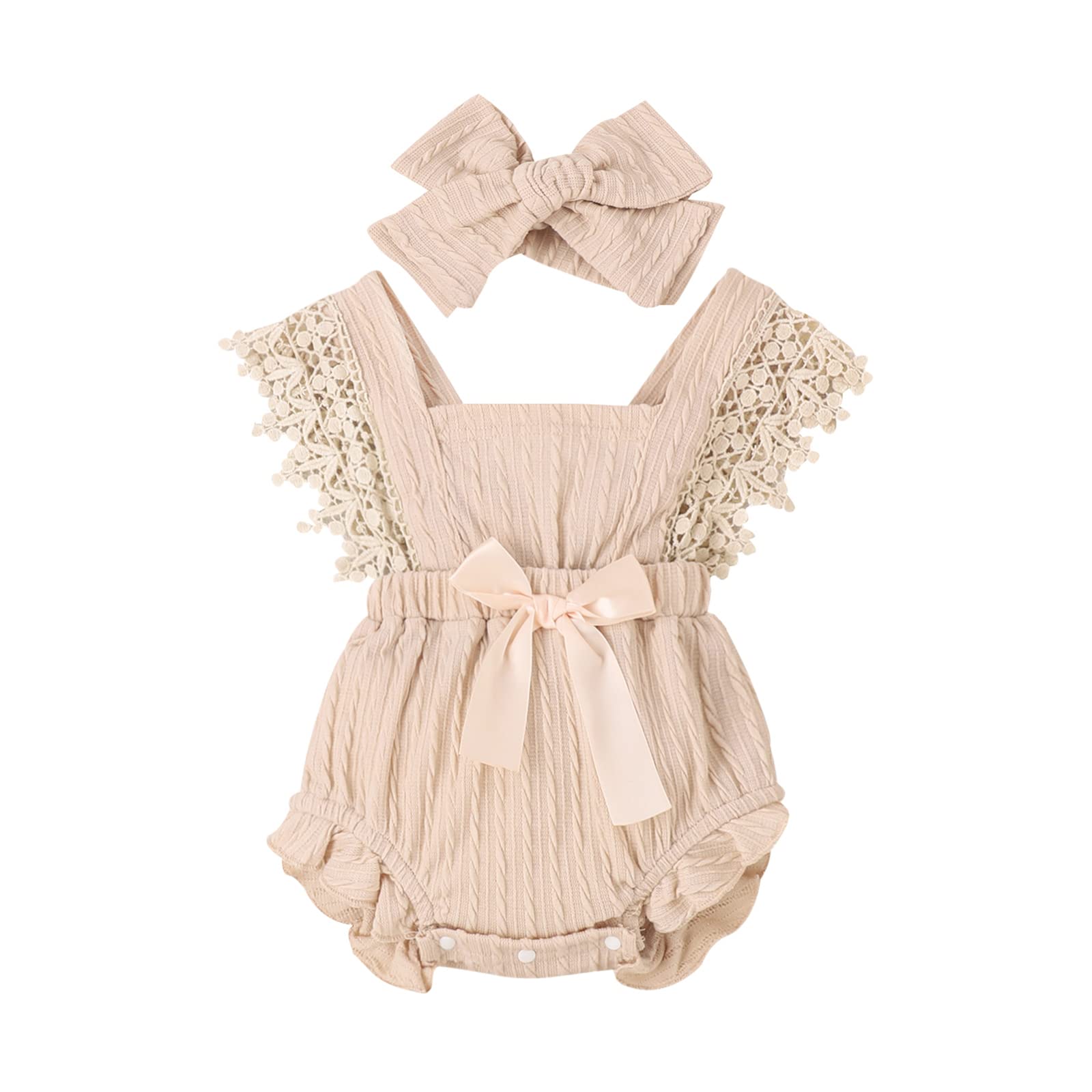 ZAXARRA Baby Girl Romper Sleeveless Lace Ruffle Trim Bow Decorated Bodysuit with Headband Infant Summer Fall Clothes (Beige, 0-3 Months)
