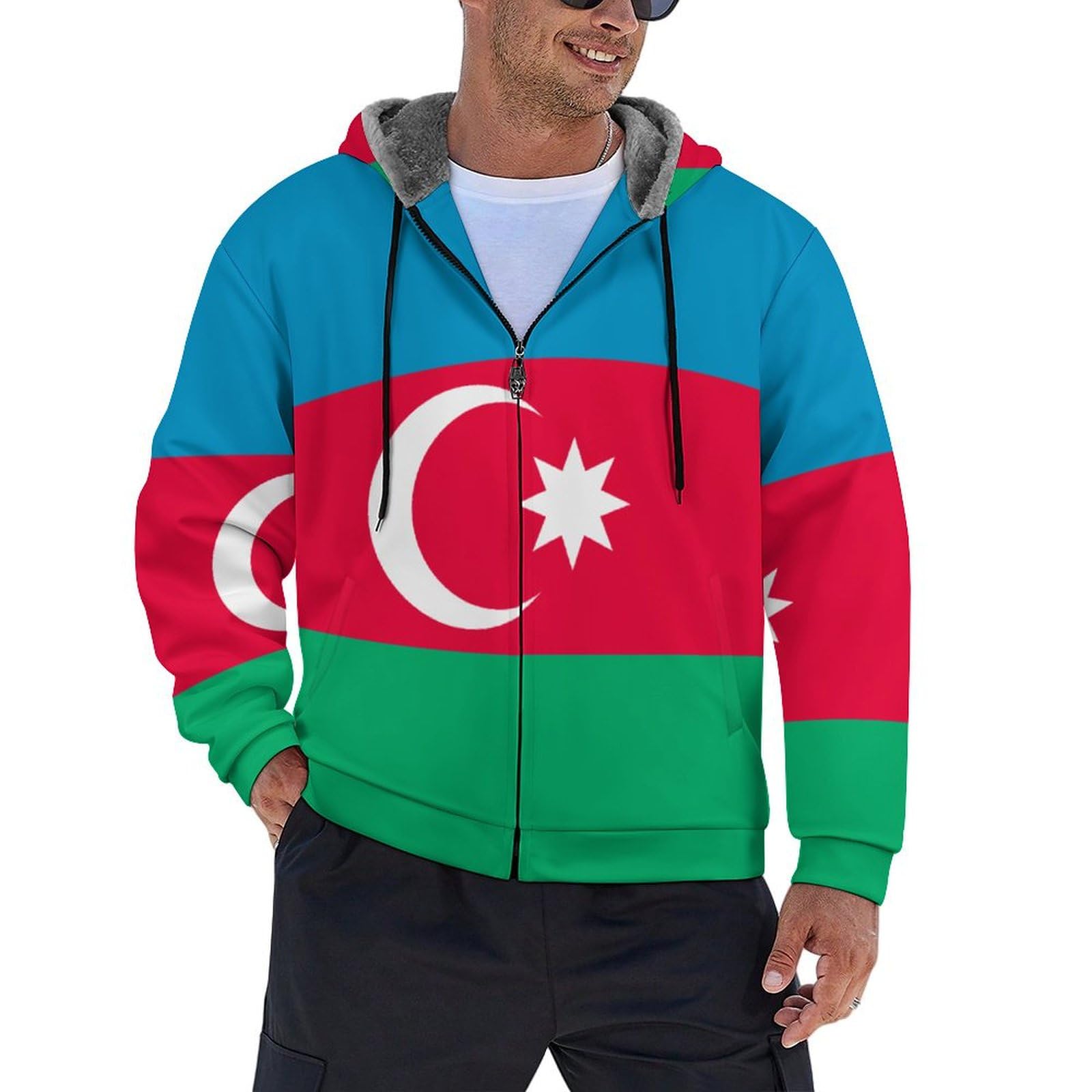 Sudadera con capucha para hombre con cremallera y bandera de Azerbaiyán 8