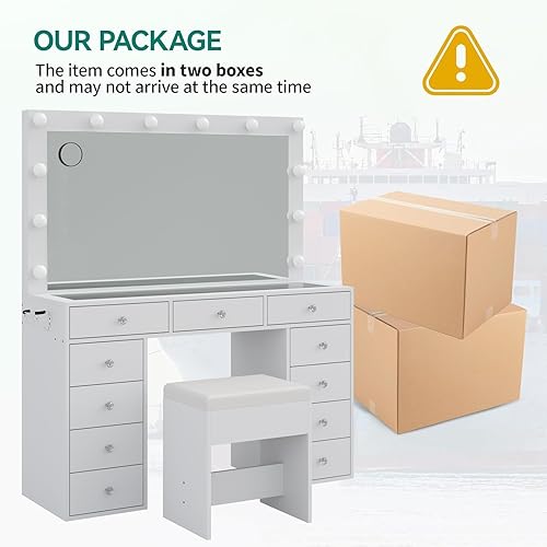 Miniatura 8 de Escritorio de tocador y toma de corriente, tocador de maquillaje con espejo y 12 luces LED, mesa de maquillaje con 11 cajones, mesa de tocador con