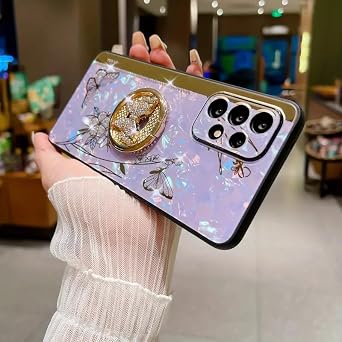 Galaxy A32 5G Kickstand Case, Cute Marble Conch Shell Floral Butterfly with Ring Stand Elegant Shockproof Protective Cover for Girls Women for Samsung Galaxy A32 5G (Purple)