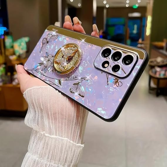 Galaxy A32 5G Kickstand Case, Cute Marble Conch Shell Floral Butterfly with Ring Stand Elegant Shockproof Protective Cover for Girls Women for Samsung Galaxy A32 5G (Purple)