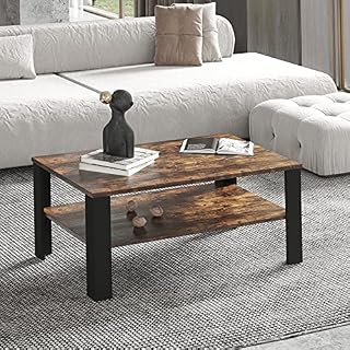  Coffee Table, Large Modern Coffee Table with Storage Shelf, Vintage 2-Tier Center Table Accent Furniture for Home, Wooden Tabletop and Metal Frame Living Room Table, Cocktail Table Tea Table