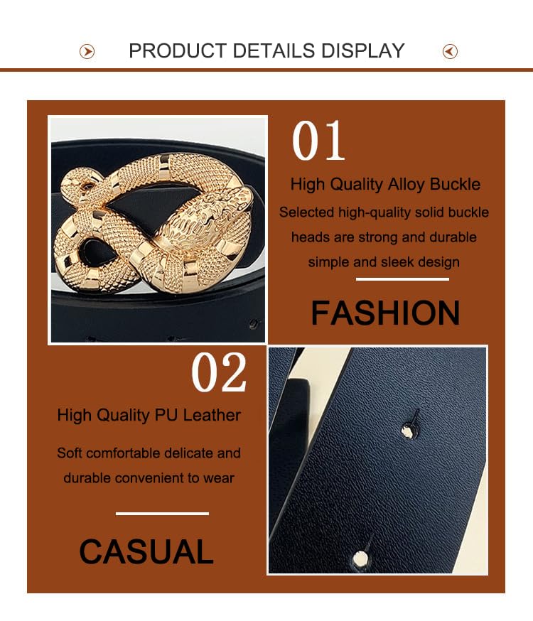 Fashion Leather Belts for Women with Snake Buckle Belt Designer Classic Belts for Jeans Pants Dresses (White, Fits waist size for 32"-36")3