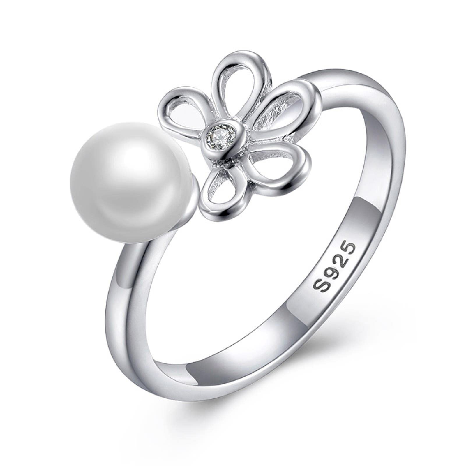 Flor Grandes Anillos De Perlas Simuladas para Mujeres 925 Plata Esterlina Boda Cz Ajustable Ringlet Joyería