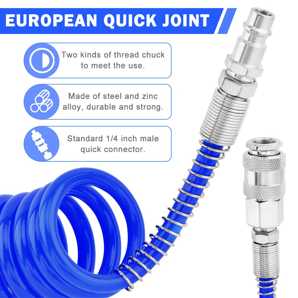 Air Compressor Hose Polyurethane Recoil,10m Air Line Hose Compressor Tool,with 1/4" Europe Quick Coupler and Plug,5mm ID x 8mm OD with Bend Restrictor,Fitting Standard Euro Connections - Image 2
