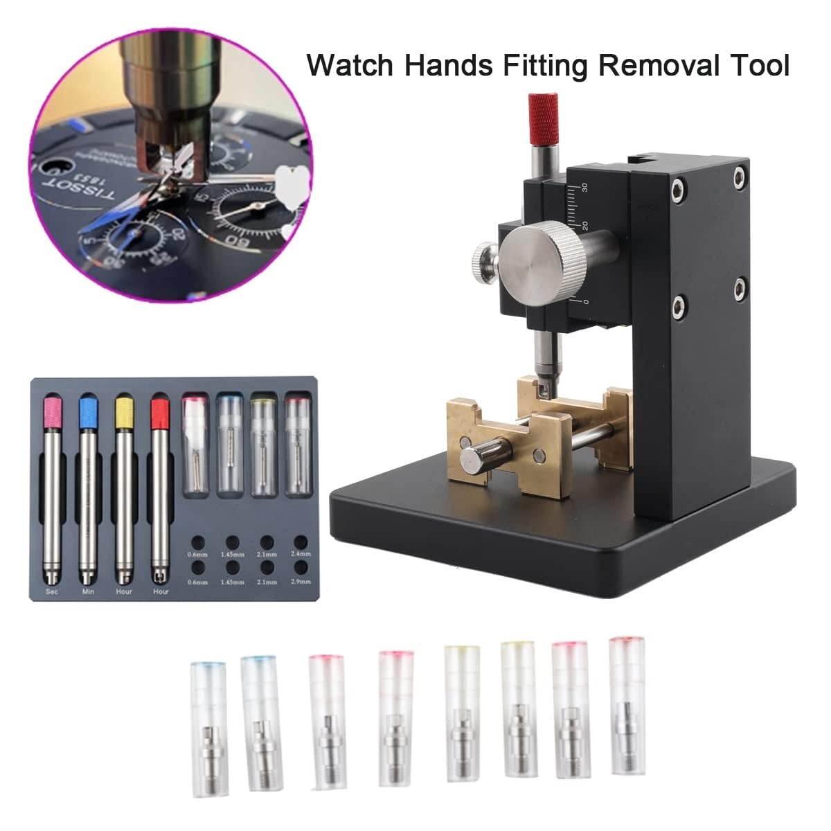 Kit de herramientas para quitar manecillas de reloj, extractor de mano de reloj con 4 pasadores de aguja y 8 boquillas para relojero, accesorios esenciales de reparación de relojes