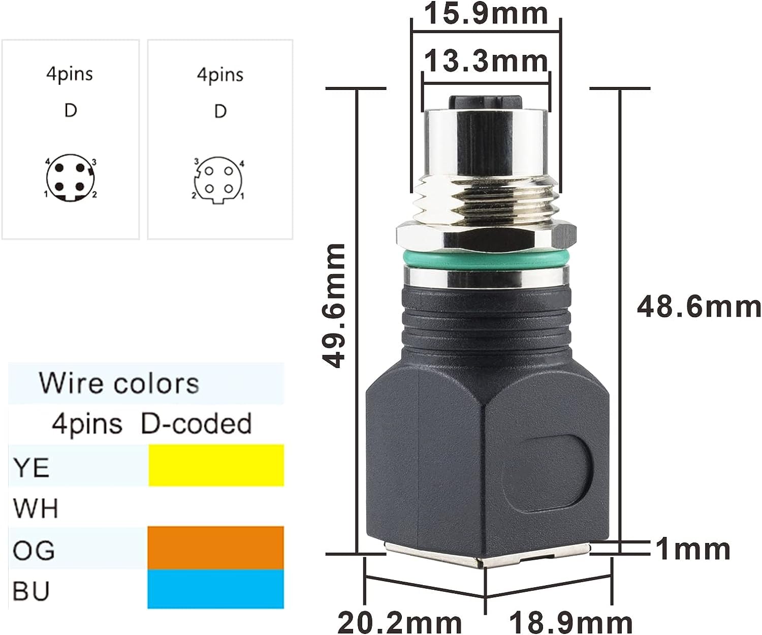 Adattatore M12 a RJ45, 4 Pin, Codice D, IP68, Impermeabile, Schermato, Femmina, Ethernet Cat6/Cat5, ASITPA-4512MD-S