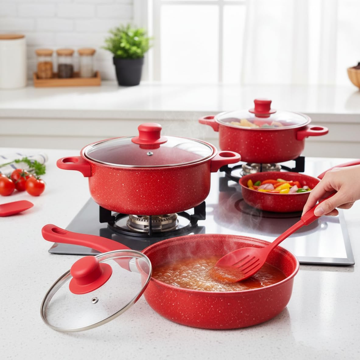 Set Di Pentole Antiaderenti, Set Di Pentole Antiaderenti Da 13 Pezzi, E Padelle Con Padella, Pentola Per Il Latte E Utensili Per La Cucina Casalinga, Rosso..