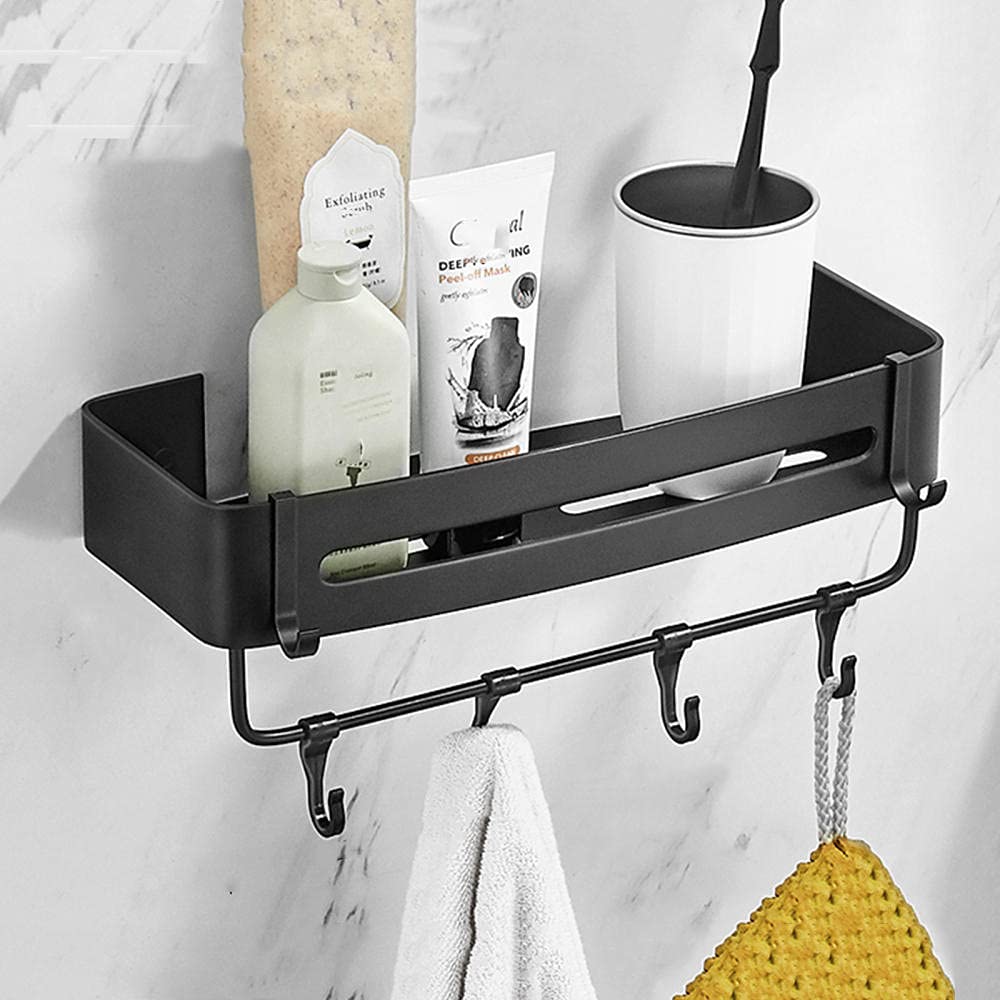 YQIRONRI Shower Caddy Black Rack Wall Mounted Shelves No Drilling with Hooks Adhesive Space Aluminum for Bathroom Kitchen-B3
