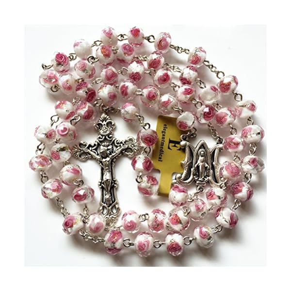 elegantmedical Handmade ROSE PINK Veluriyam ROSE BEADS ROSARY & ITALY CROSS MEDAL Catholic necklace GIFT BOX