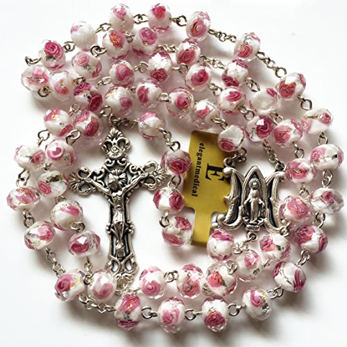elegantmedical Handmade ROSE PINK Veluriyam ROSE BEADS ROSARY & ITALY CROSS MEDAL Catholic necklace GIFT BOX4