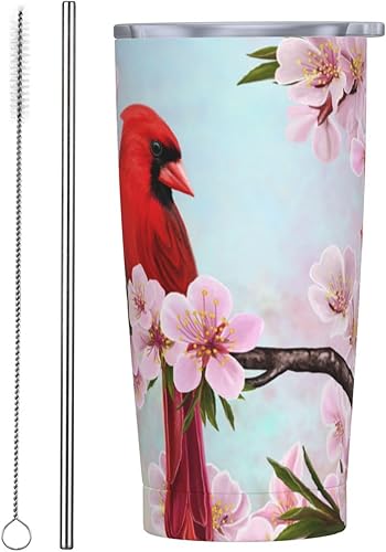 Spring Flowers - Vaso de viaje de 20 onzas con tapa y pajita, diseño de pájaros cardenales en ramas de almendras, taza de café aislada, regalo para