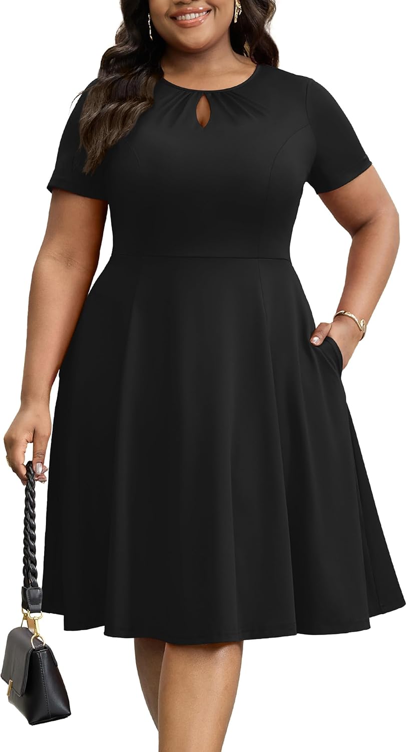 Nmoder Plus Size Dress for Women - Casual Short Sleeve Keyhole A-Line Church Work Summer Midi Dresses with Pockets