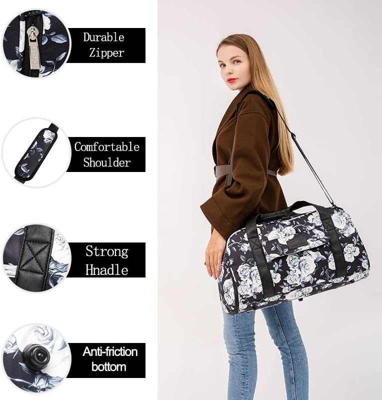 Kinmac Travel Duffel Bag For Women,Sports Gym Yoga Duffel Bag Weekender Overnight Totes Bag with Shoes and Wet Compartment (White Rose) - Image 2