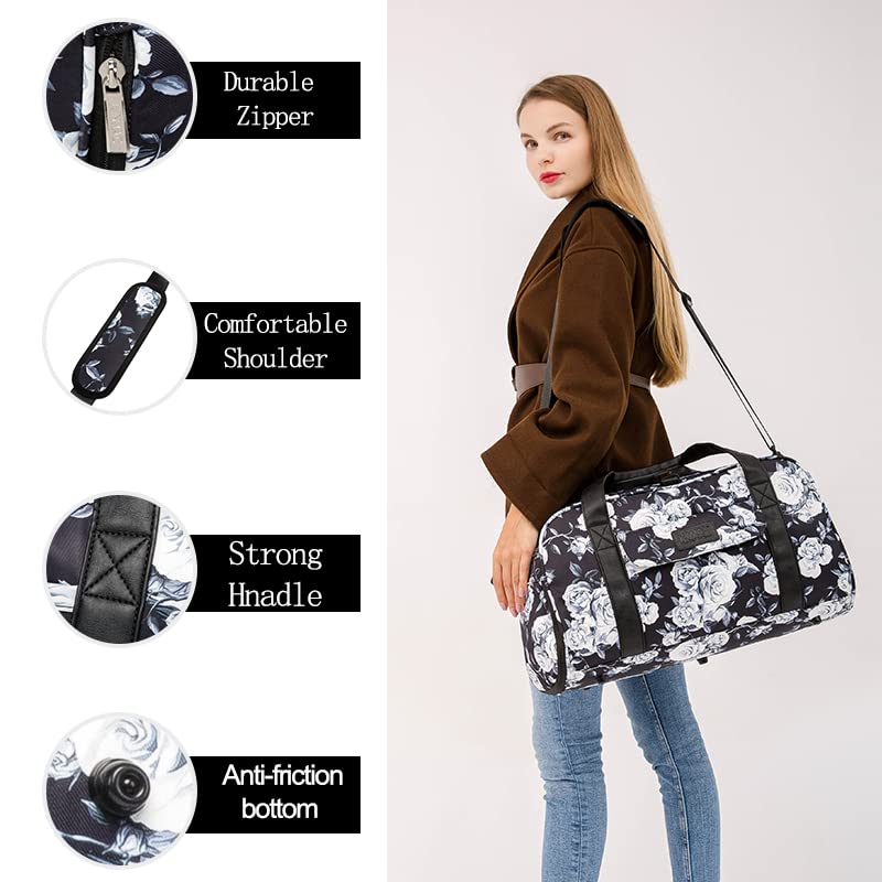 Kinmac Travel Duffel Bag For Women,Sports Gym Yoga Duffel Bag Weekender Overnight Totes Bag with Shoes and Wet Compartment (White Rose)2