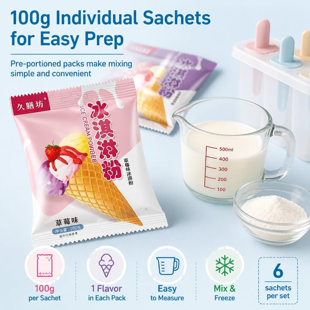 Juego De Mezcla Helado En Polvo 6 Sabores For Bricolaje Casa - 100 G X Bolsas | Fresa Chocolate Arándano | No Se Necesita Máquina For Hacer Helados