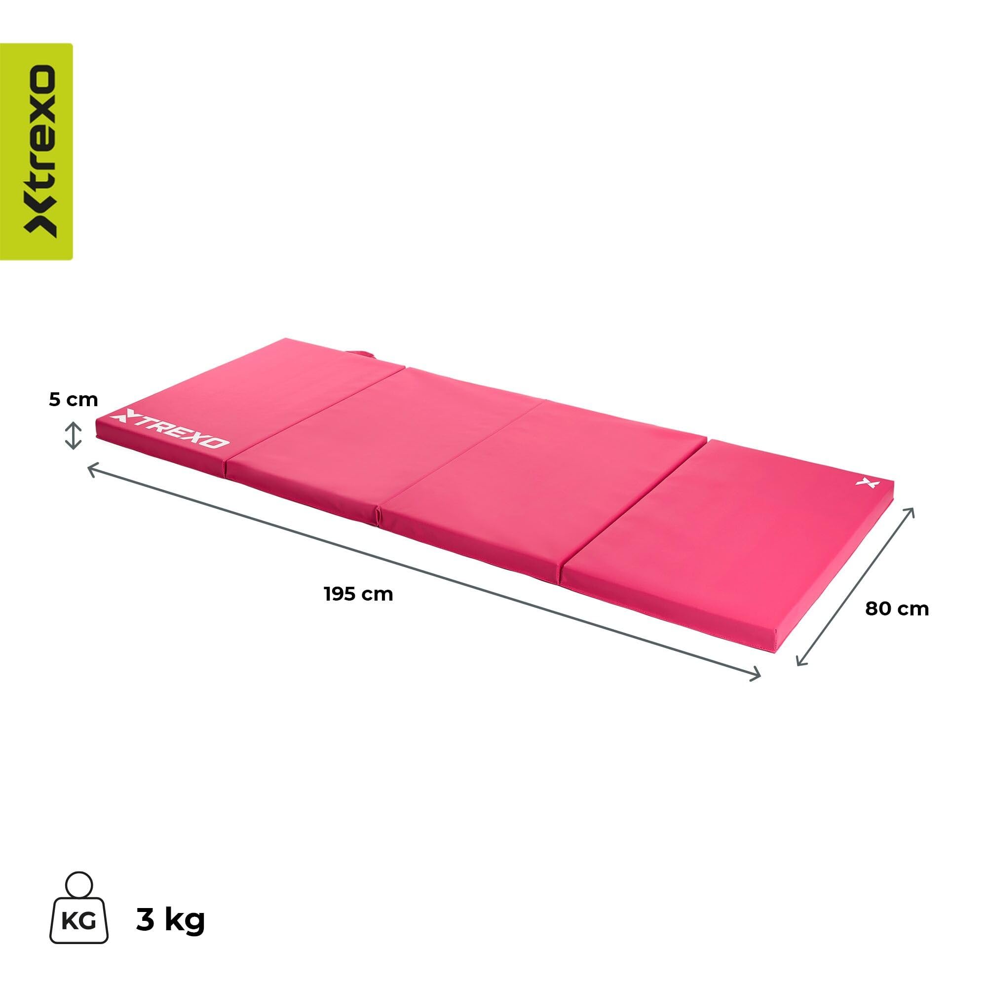 TREXO – Tapis de Gymnastique Pliable 195 x 80 x 5 cm 4-Panneaux – Tapis d’Entraînement Portable avec Poignée, Mousse EPE & Revêtement Similicuir – Rose
