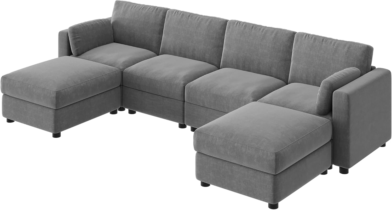 GarveeHome 135.5" Modular Sectional Sofa, 6 Seater Sectional Couch, U Shaped Sofa with Ottoman, Oversized Convertible Modular Couch for Living Room Apartment Office, Chenille Grey