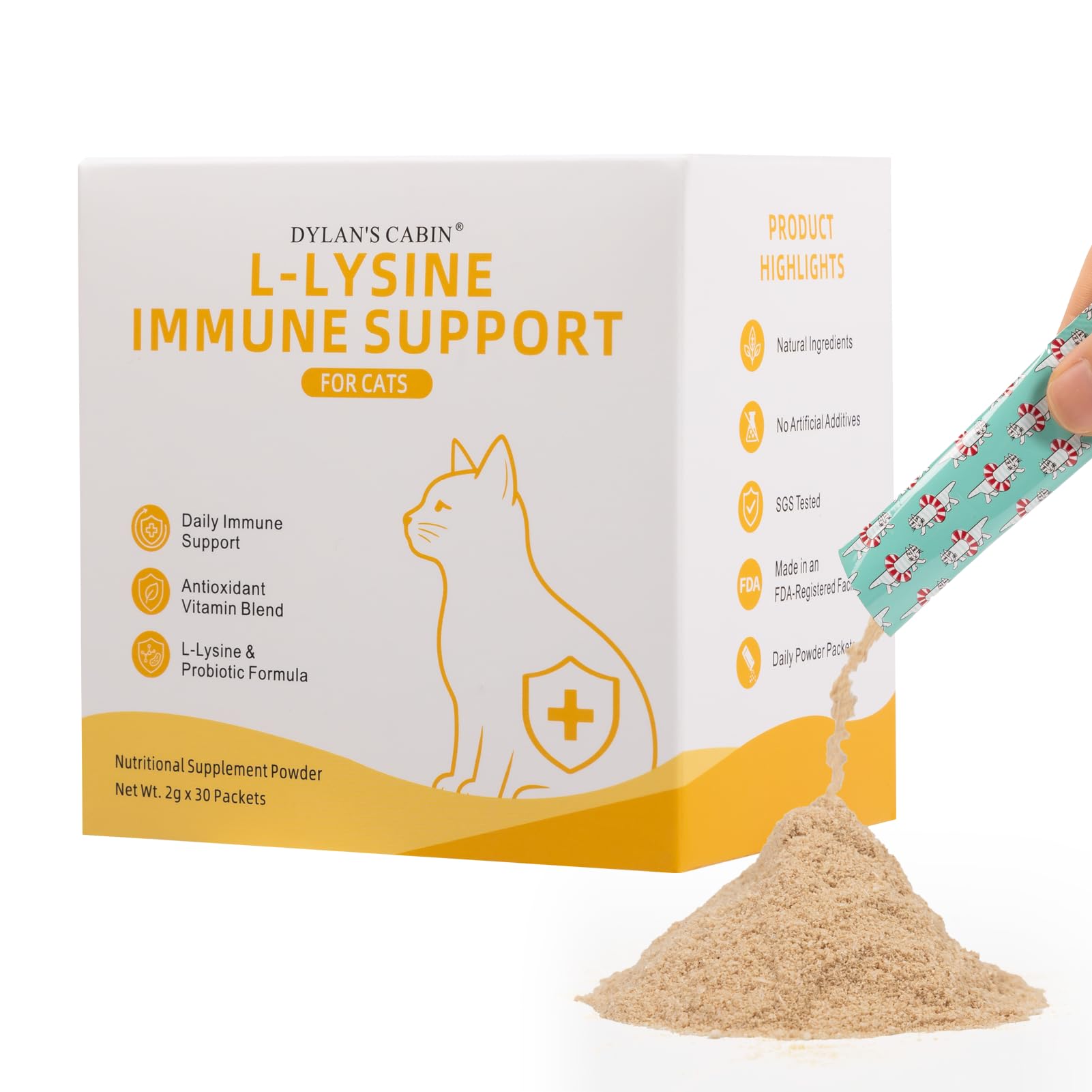 L-Lysine for Cats, Immune Support Supplement Powder, 30 Packets