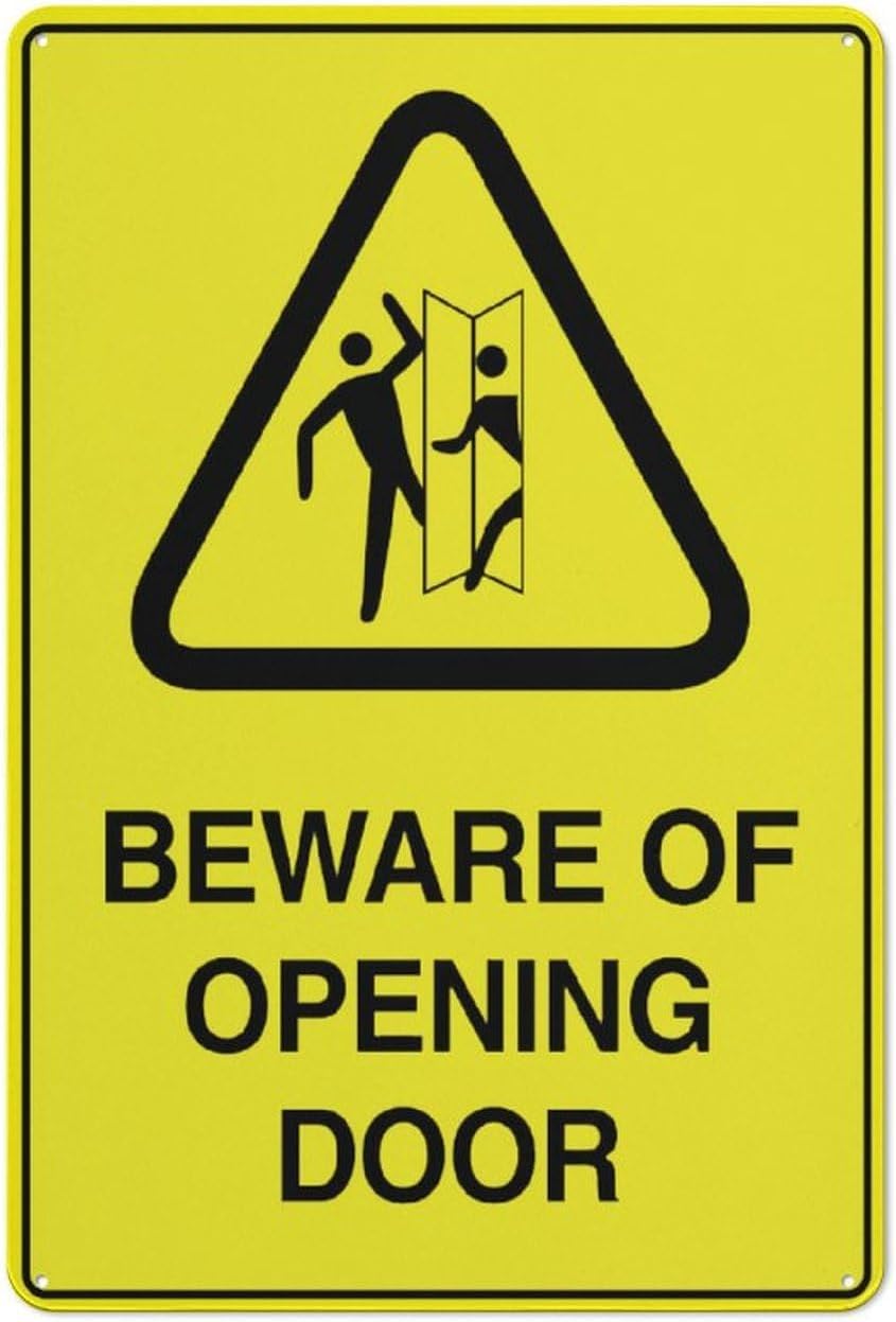 Beware of Opening Door Rust Free Aluminum Sign - Pre-Drilled Holes for Fence/Door Mounting in Home, Office - 12x8 Inch​