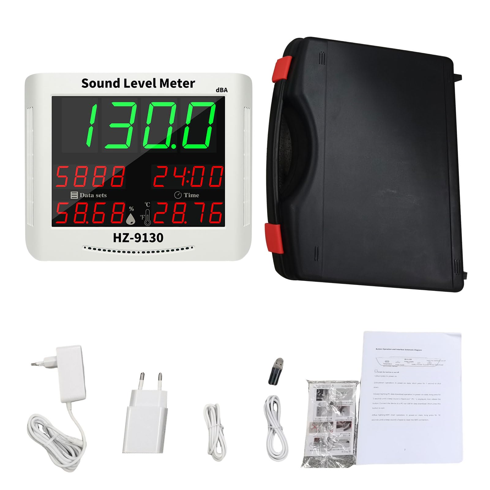 Fafeicy Misuratore di Rumore Digitale Fonometro WiFi con App TY Ampio Schermo Retroilluminato Gamma 30-130 DB per Uffici di Produzione (Spina europea)