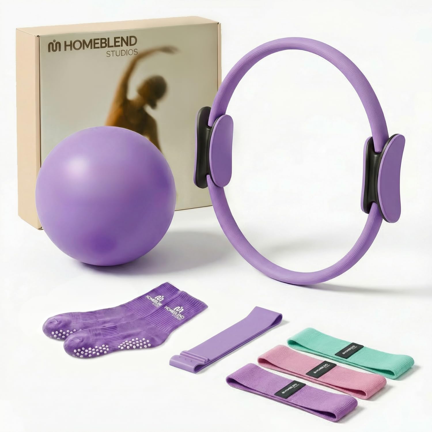 Homeblend 9-teiliges Pilates-Set – Pink – Gewichte, Widerstandsbänder, Socken, Ball & Ring – Fitness-Set für das Heimtraining – Hand- und Fußgelenkgewichte | Ring, Ball & Bänder, Knöchelgewichte & Rutschfeste Socken