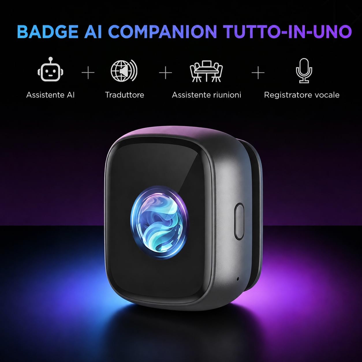 Z02 Traduttore vocale IA e badge, dispositivo di traduzione in tempo reale 102 lingue, registrazione con un‑clic per verbali d’incontri e mappe mentali, Bluetooth integrato per viaggi e lavoro
