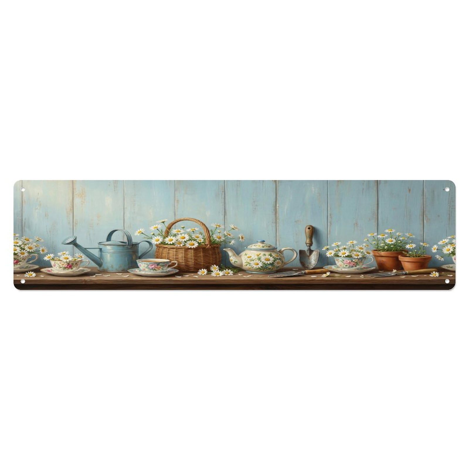 Floral Garden Tools Teacup Daisy Pattern Print Metal Tin Sign