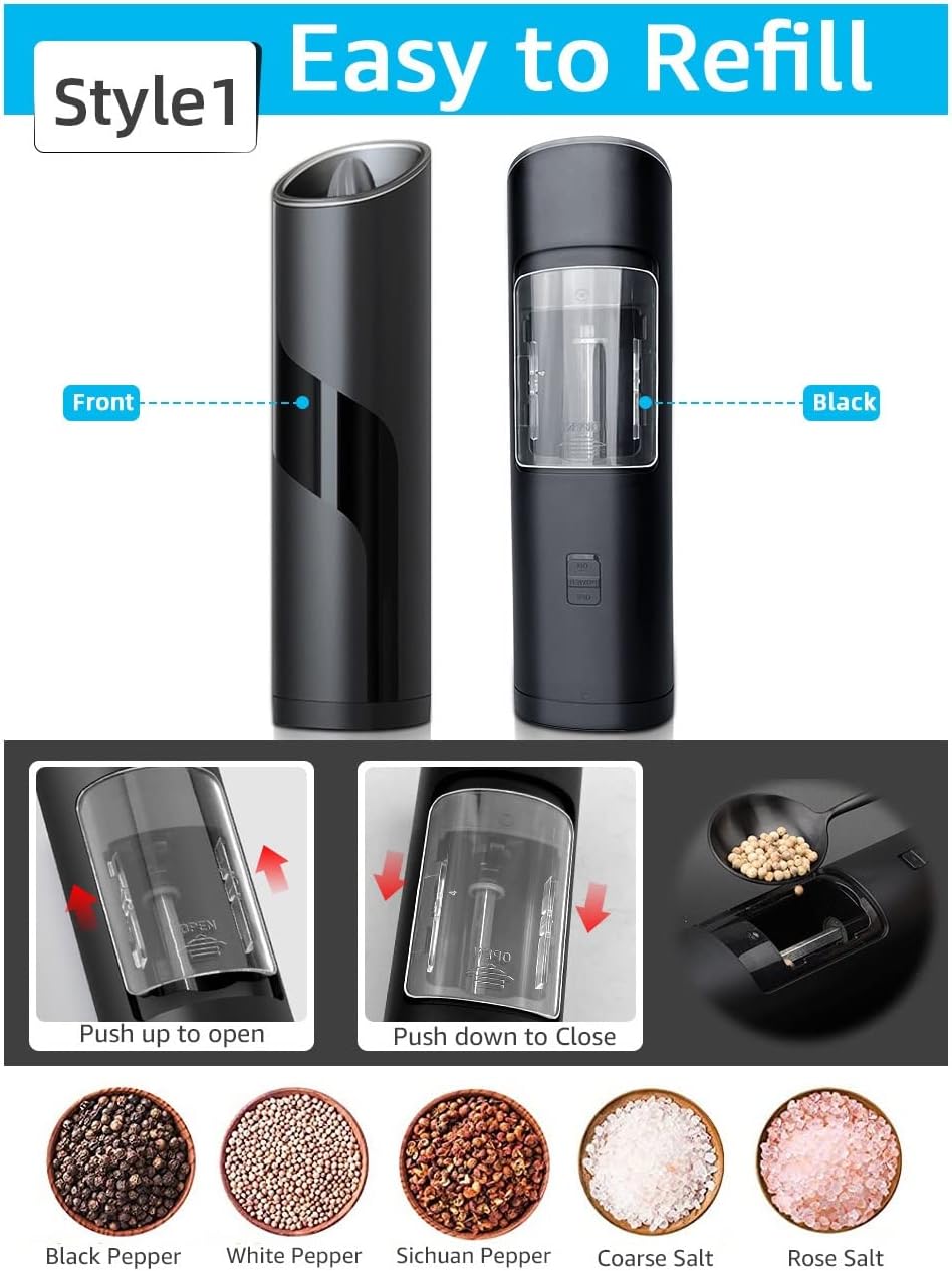 Spice Mill Electric Salt & Pepper Grinder Set Automatic Salt Pepper Mills with LED Light Adjustable Coarseness(E)