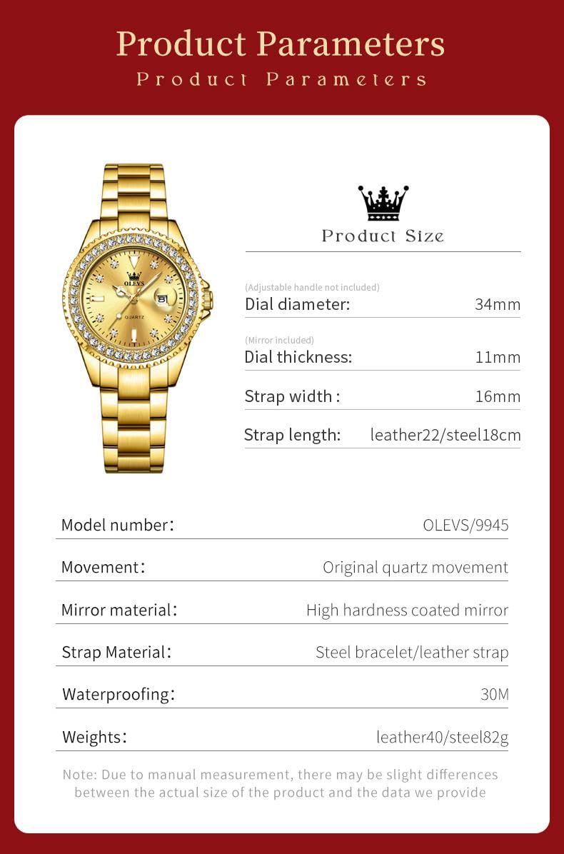 OLEVS Damen-Armbanduhr, Diamantkleid, Quarz, analog, weibliche Uhren, Edelstahl, zweifarbig, wasserdicht, Leuchtend, Tag und Datum, Geschenk