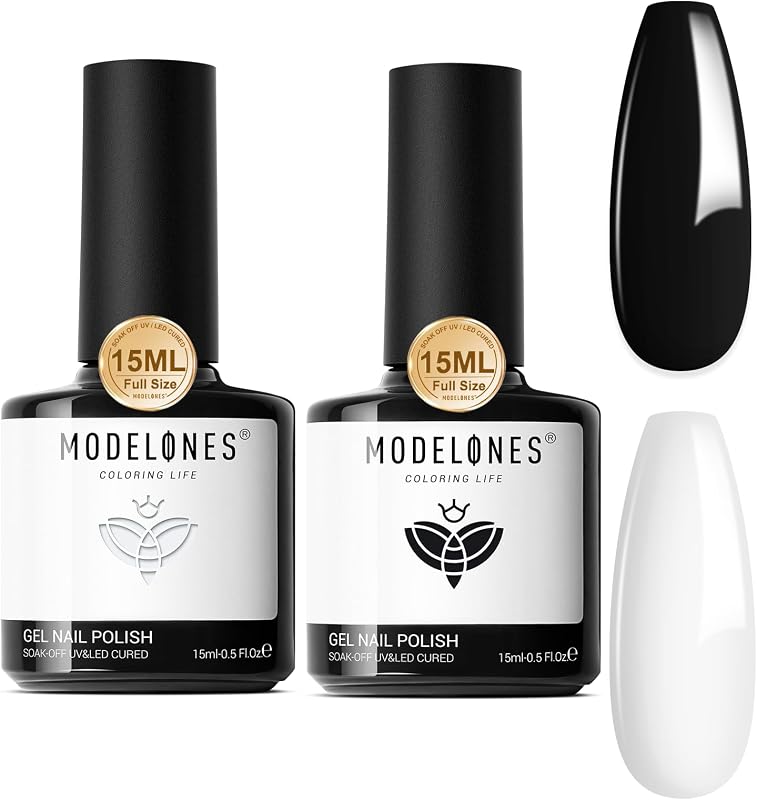 modelones Black White Gel Polish Set, 2Pcs 15ml Full Size Black White Color | French Tip Nails Soak Off LED Nails Art Manicure Salon DIY at Home Gift for Women Girls, Long-Lasting, Easy & Smooth to Apply
