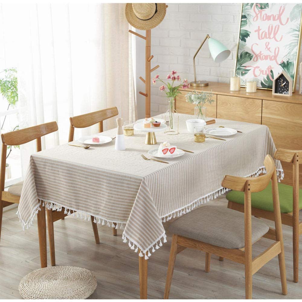 Nappe simple à rayures beiges 100X140cm en tissu bohème rectangulaire à pompons
