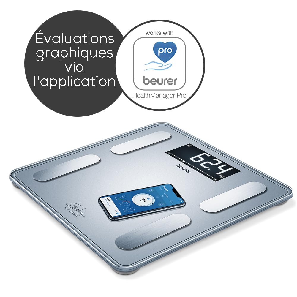 Beurer BF 405 Balance de diagnostic, analyse corporelle précise jusqu'à 8 personnes, mesure de la graisse corporelle, capacité de charge jusqu'à 200 kg, connexion à l'application incluse