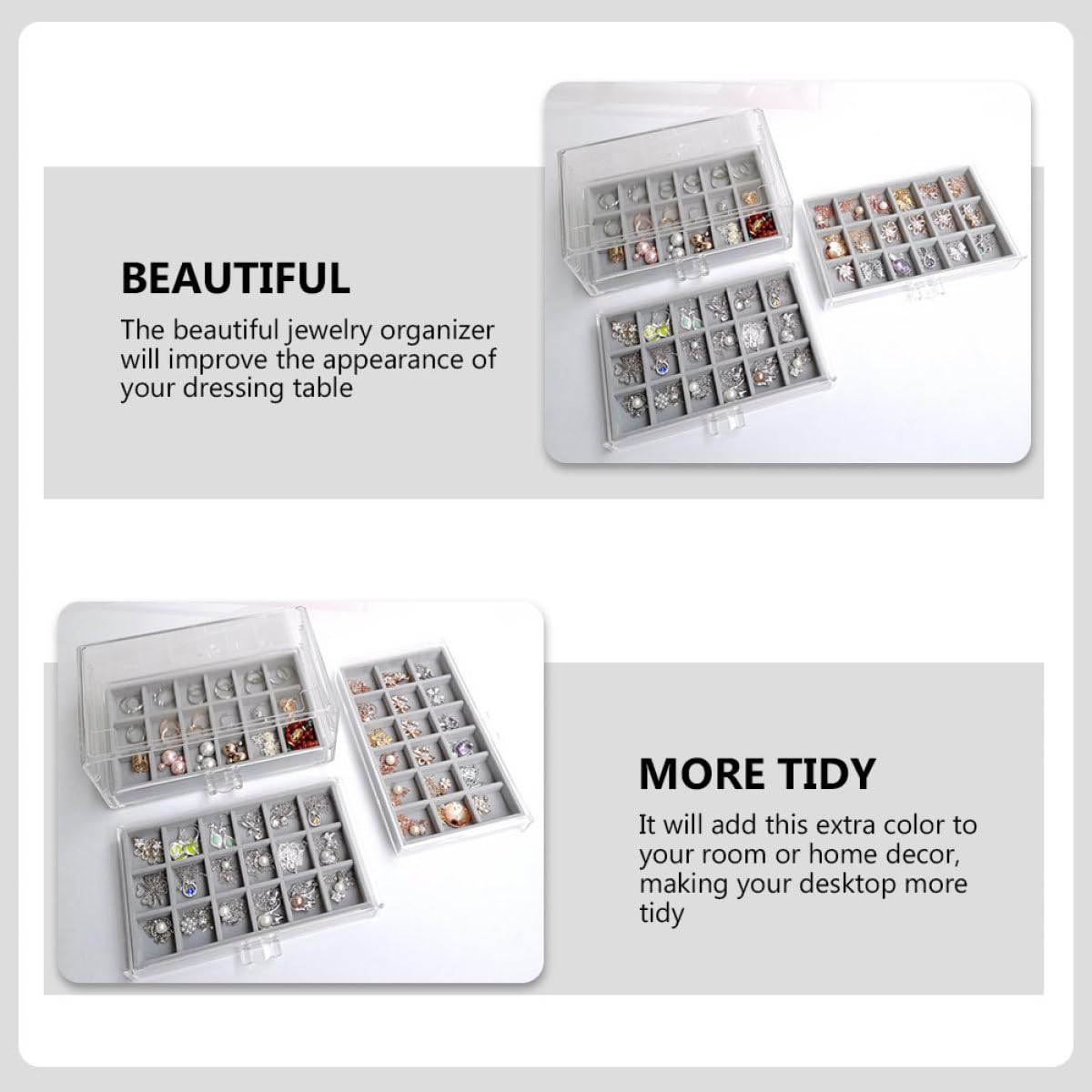 Organizador de Joyas de Acrílico Multicapa, Caja de Almacenamiento de Terciopelo Gris 3 Niveles y 54 Compartimentos, Contenedor Compacto para Collares, Pendientes y Anillos,