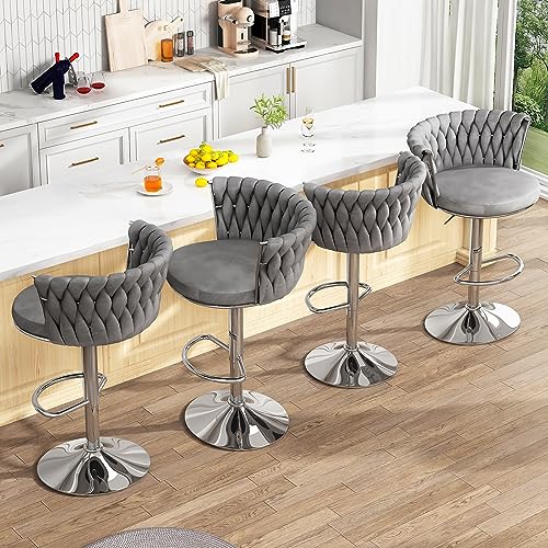 Image of AWQM Grey Bar Stools Set of 4,Modern Swivel Bar Chairs Velvet Counter Height Barstools,Adjustable Kitchen Island Chairs with High Back & Footrest for Home Pub,Big Round Base