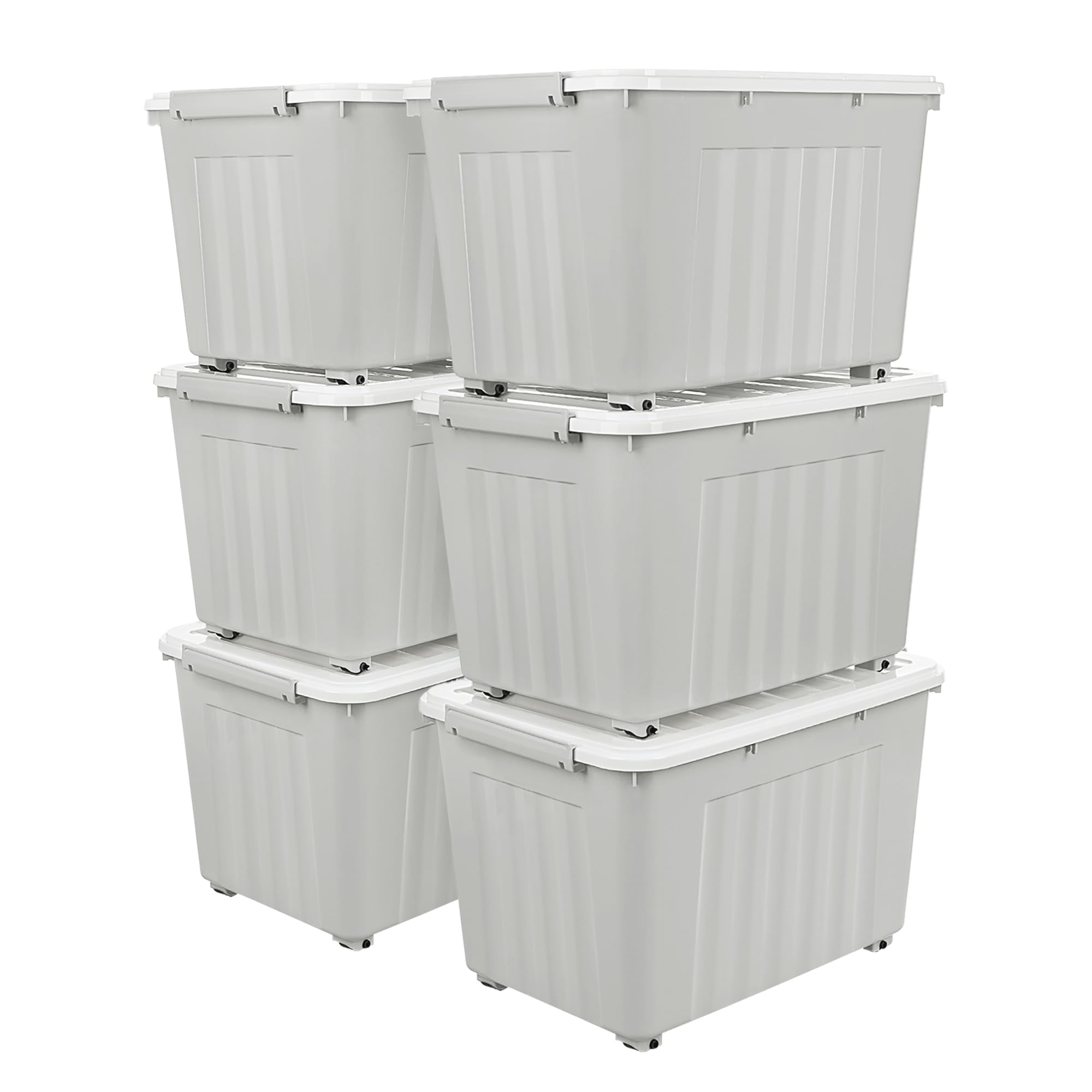 Cetomo 55L*6 Cajas de Almacenamiento con Tapas, Contenedores de Plástico con Ruedas, Clip On, Apilables, Encajables, Organizador Rayado para Oficina en Casa, Gris, 55L-6 Pack
