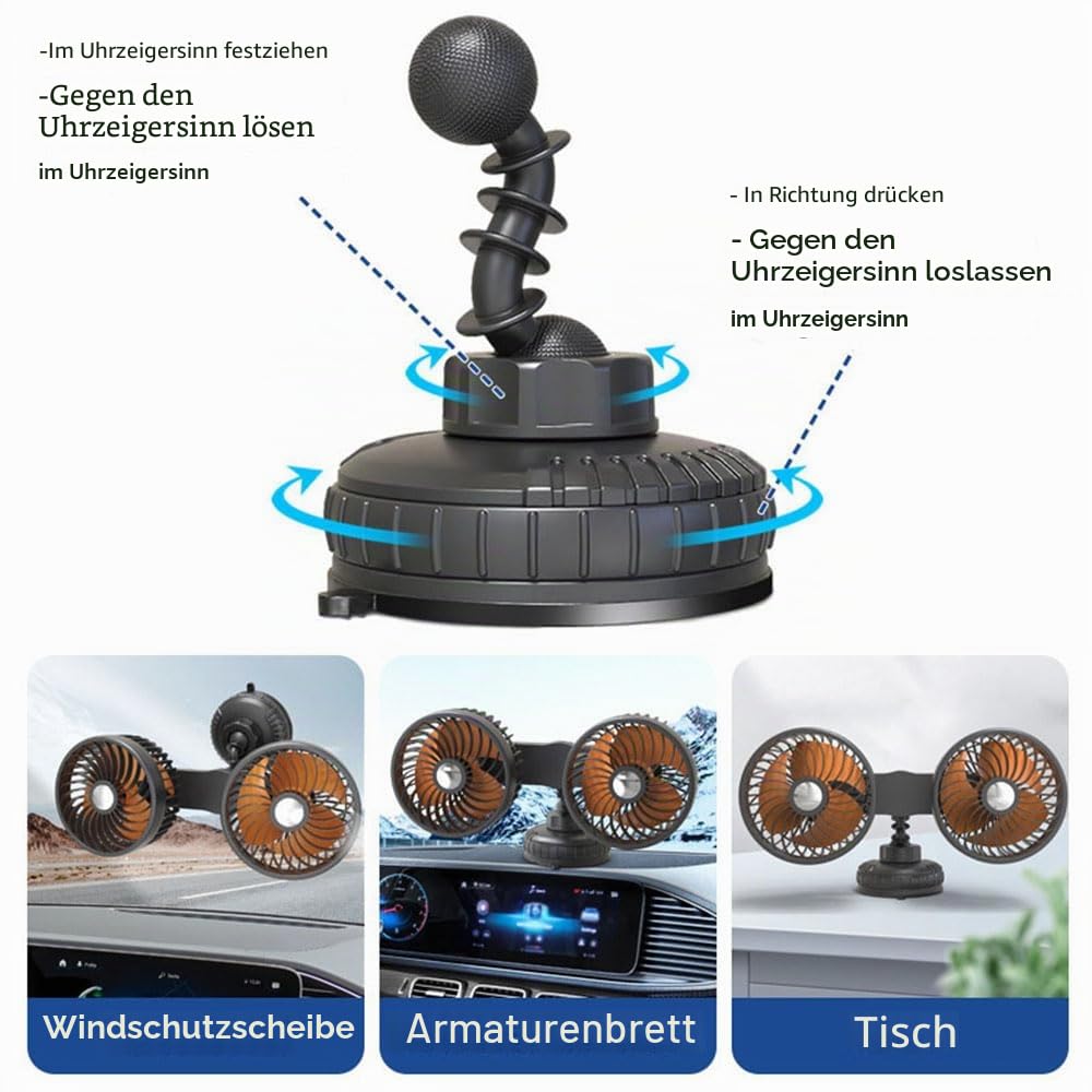 BININBOX 360° Drehbarer Doppelkopflüfter mit Saugnapf Universell 5/12/24V Geräuscharm 3 Geschwindigkeitsstufen für Auto und Tisch (5V (USB))