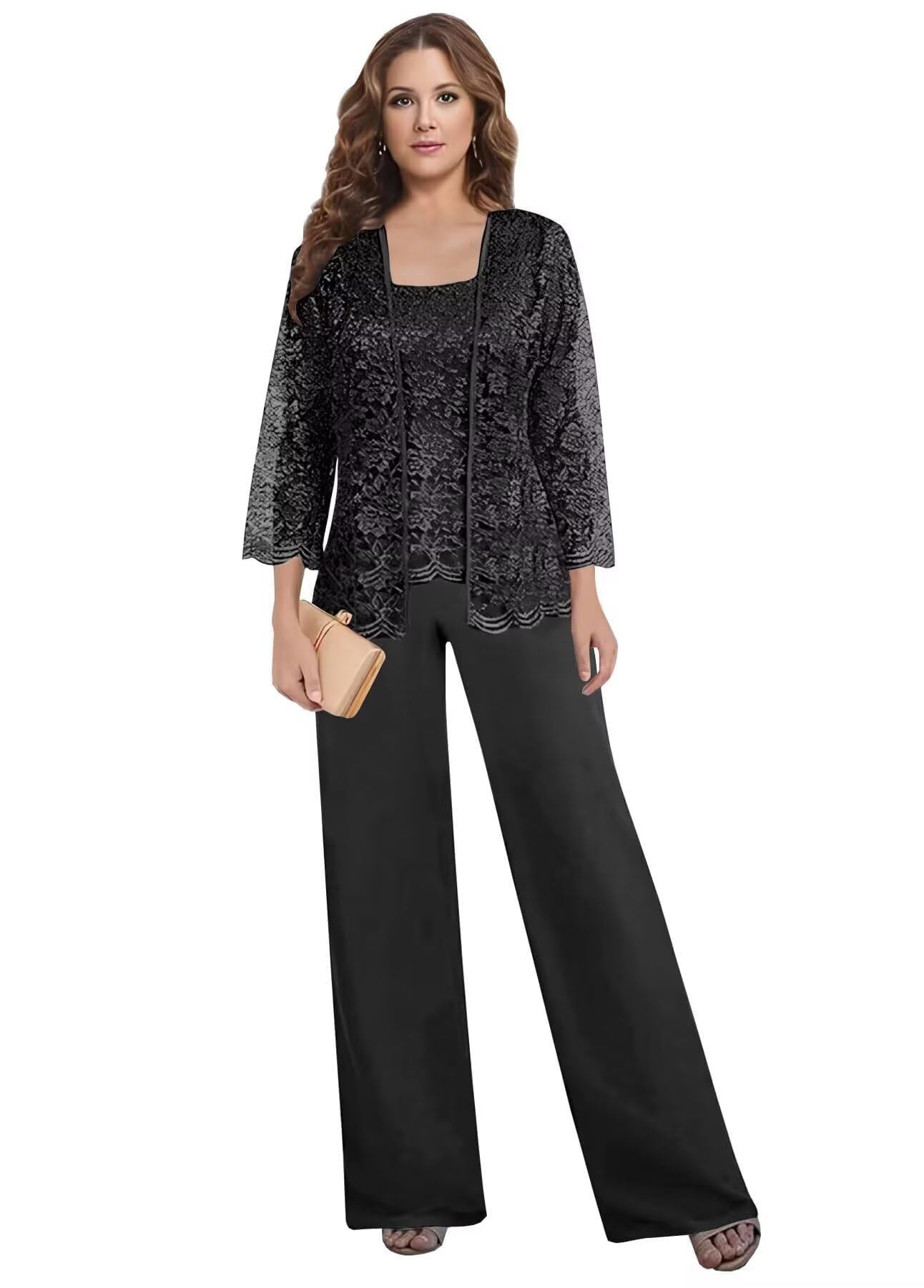 3 Pieces Mother of The Bride Groom Pant Suits - Women Dressy Chiffon Lace 3 4 Sleeve Wedding