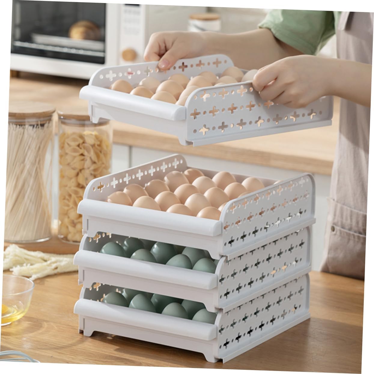 2pcs Egg Storage Organizer Case Drawer-type Egg Crisper for Refrigerator Holds for Kitchen Cabinets Freezer and Pantry Durable Plastic